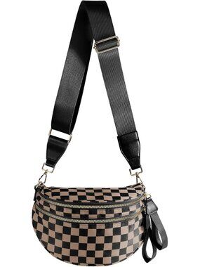 Black and White Checkered Crossbody Bag Bum Bag for Women,Spacious Checkered Pur